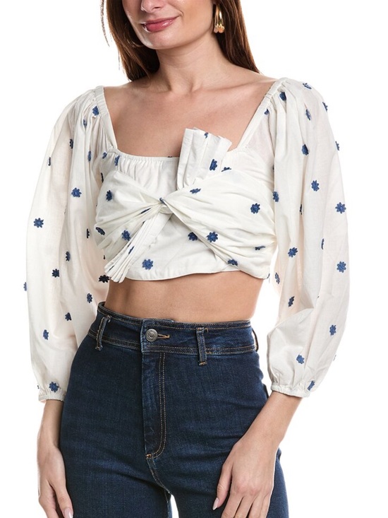 FARM Rio Tops - FARM Rio White Crop Top with Blue Floral Motif